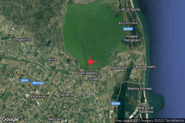 Lieve Terremoto M2.1 epicentro 11 km NE Alfonsine (RA) alle 22:05:32 (20:05:32 UTC)