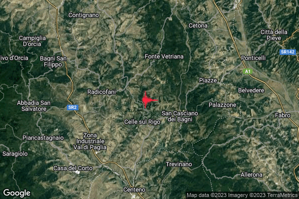 Lieve Terremoto M2.1 epicentro 4 km W San Casciano dei Bagni (SI) alle 02:03:41 (00:03:41 UTC)