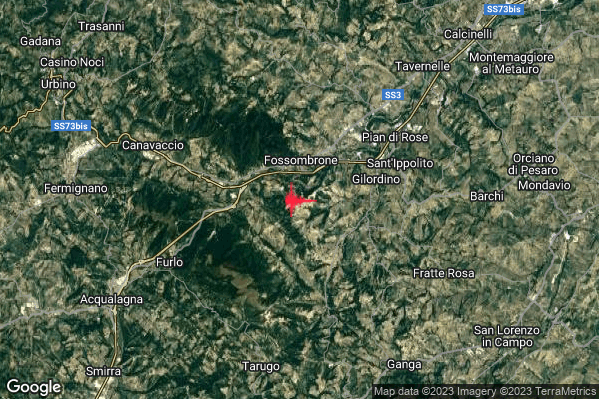 Lieve Terremoto M2.1 epicentro 2 km S Fossombrone (PU) alle 10:36:01 (08:36:01 UTC)