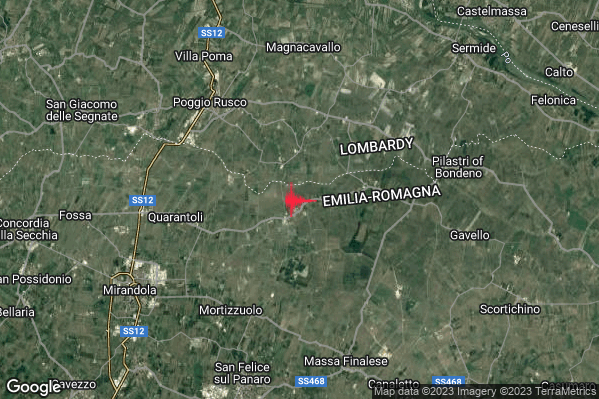 Debole Terremoto M2.7 epicentro 7 km SE Poggio Rusco (MN) alle 22:21:02 (20:21:02 UTC)