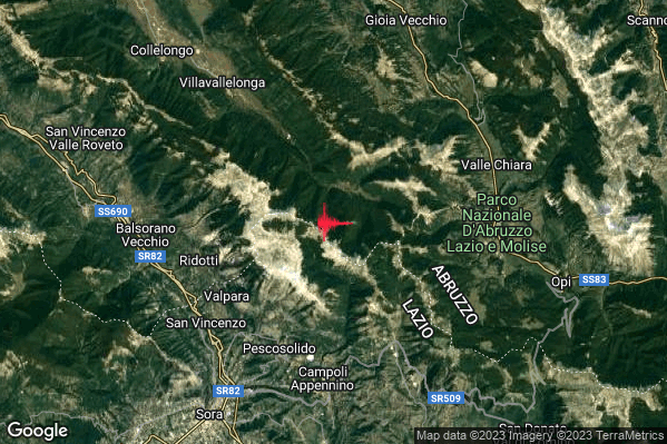 Debole Terremoto M2.3 epicentro 7 km NE Pescosolido (FR) alle 11:08:45 (09:08:45 UTC)