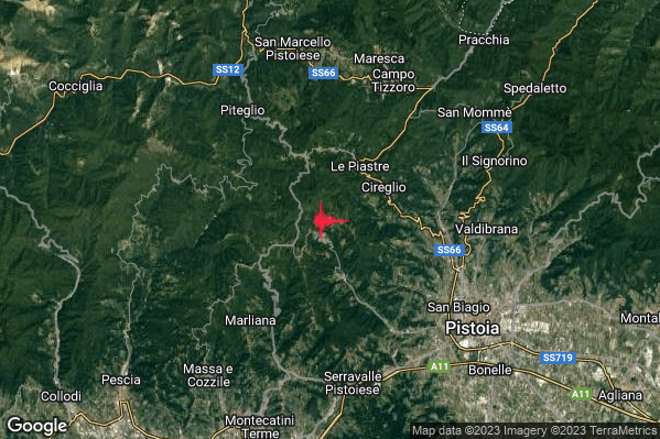 Debole Terremoto M2.4 epicentro 6 km NE Marliana (PT) alle 01:16:06 (23:16:06 UTC)