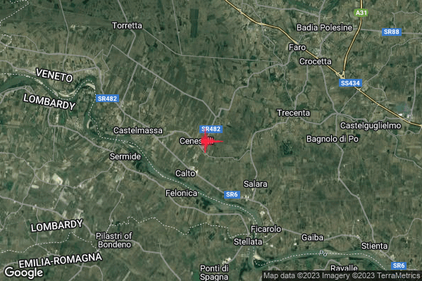 Distinto Terremoto M4.2 epicentro 1 km E Ceneselli (RO) alle 15:45:36 (13:45:36 UTC)