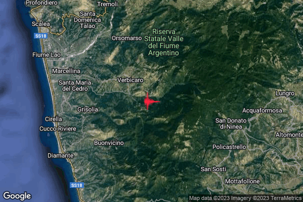 Lieve Terremoto M2.0 epicentro 3 km SE Verbicaro (CS) alle 13:41:20 (11:41:20 UTC)