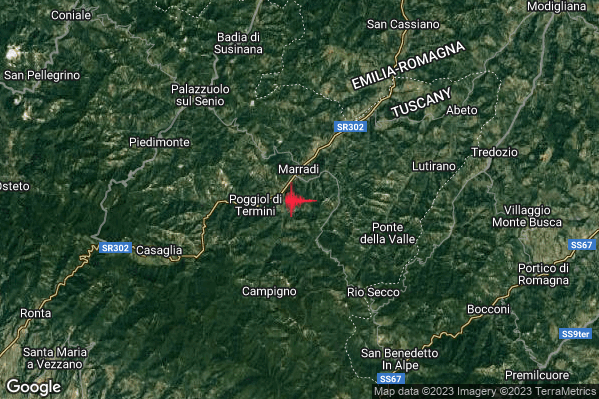 Lieve Terremoto M2.1 epicentro 1 km S Marradi (FI) alle 04:45:53 (02:45:53 UTC)