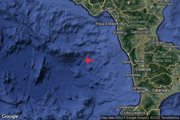 Debole Terremoto M2.5 epicentro Tirreno Meridionale (MARE) alle 22:59:06 (21:59:06 UTC)