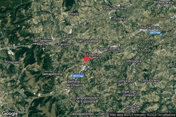 Debole Terremoto M2.4 epicentro 1 km SW Tolentino (MC) alle 05:02:10 (04:02:10 UTC)
