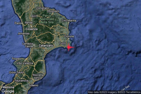 Debole Terremoto M2.4 epicentro Costa Ionica Crotonese (Crotone) alle 20:11:01 (19:11:01 UTC)