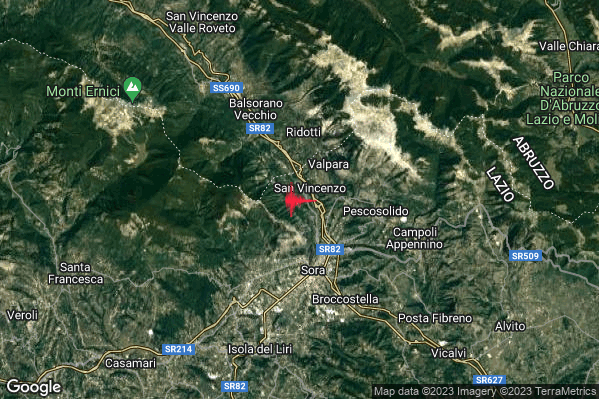 Lieve Terremoto M2.0 epicentro 4 km N Sora (FR) alle 09:29:17 (08:29:17 UTC)