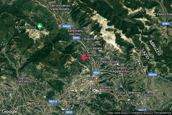 Debole Terremoto M2.3 epicentro 4 km NW Sora (FR) alle 11:37:15 (10:37:15 UTC)