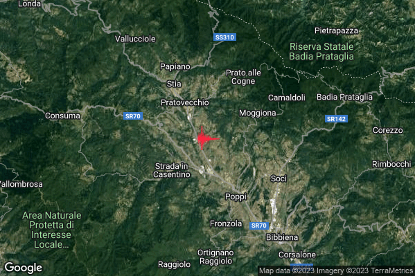 Debole Terremoto M2.5 epicentro 3 km SE Pratovecchio Stia (AR) alle 09:27:06 (08:27:06 UTC)