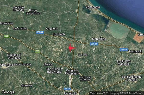 Debole Terremoto M2.4 epicentro 11 km SW Zapponeta (FG) alle 17:30:03 (16:30:03 UTC)