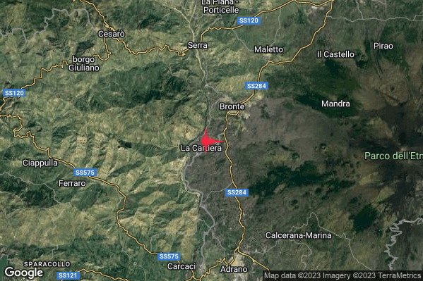 Lieve Terremoto M2.1 epicentro 4 km SW Bronte (CT) alle 22:23:02 (21:23:02 UTC)