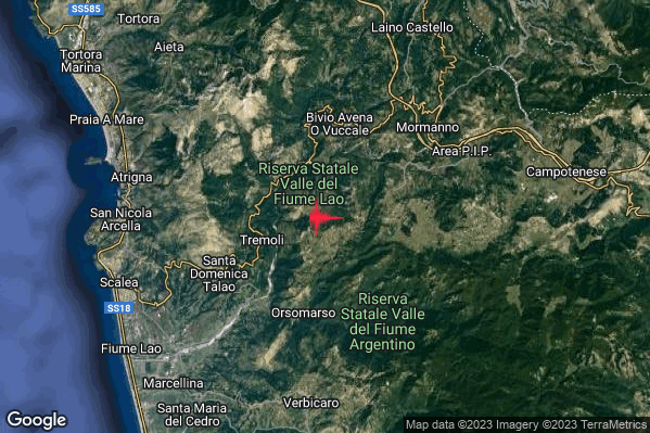 Lieve Terremoto M2.1 epicentro 3 km SE Papasidero (CS) alle 10:36:25 (09:36:25 UTC)