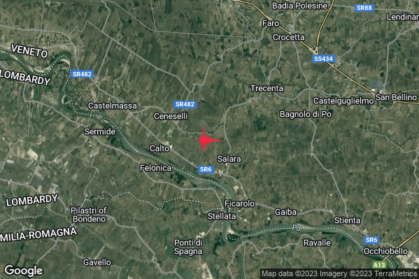 Debole Terremoto M2.3 epicentro 2 km NW Salara (RO) alle 23:02:12 (22:02:12 UTC)