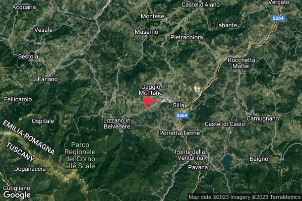 Lieve Terremoto M2.2 epicentro 1 km S Gaggio Montano (BO) alle 02:49:21 (01:49:21 UTC)