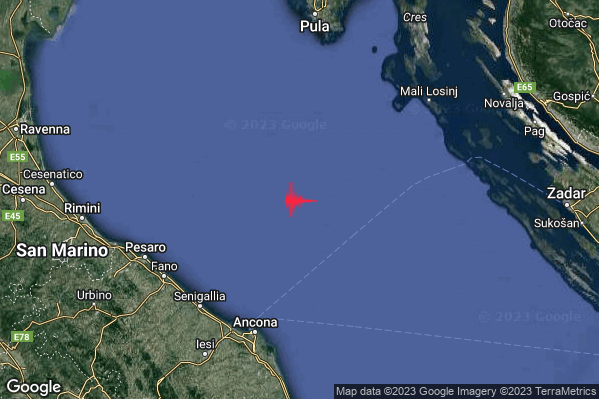 Debole Terremoto M2.6 epicentro Adriatico Settentrionale (MARE) alle 10:13:11 (09:13:11 UTC)