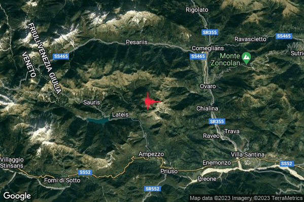 Lieve Terremoto M2.2 epicentro 6 km N Ampezzo (UD) alle 15:41:42 (14:41:42 UTC)