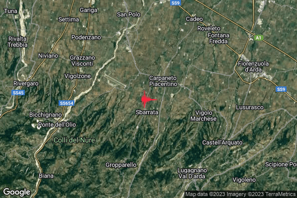 Debole Terremoto M2.3 epicentro 3 km SW Carpaneto Piacentino (PC) alle 17:16:37 (16:16:37 UTC)