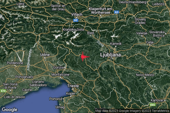 Debole Terremoto M2.3 epicentro Confine Italia-Slovenia (SLOVENIA) alle 21:21:00 (20:21:00 UTC)