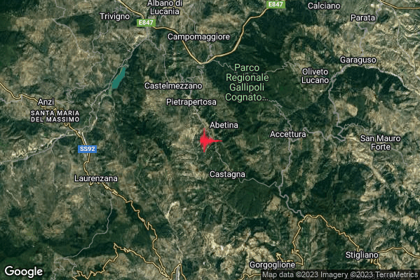 Debole Terremoto M2.6 epicentro 3 km SE Pietrapertosa (PZ) alle 23:55:27 (22:55:27 UTC)