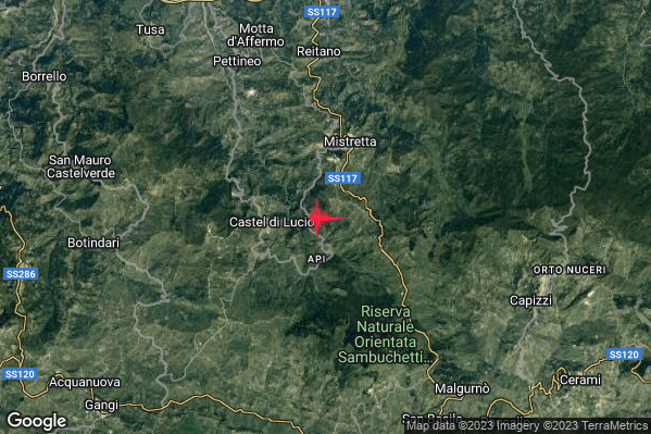 Lieve Terremoto M2.2 epicentro 3 km E Castel di Lucio (ME) alle 22:36:24 (21:36:24 UTC)