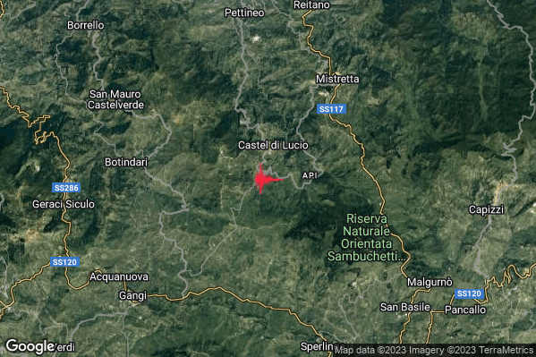 Lieve Terremoto M2.2 epicentro 2 km S Castel di Lucio (ME) alle 22:44:15 (21:44:15 UTC)