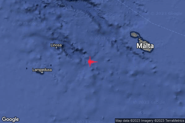 Debole Terremoto M2.7 epicentro Canale di Sicilia meridionale (MARE) alle 03:07:14 (02:07:14 UTC)