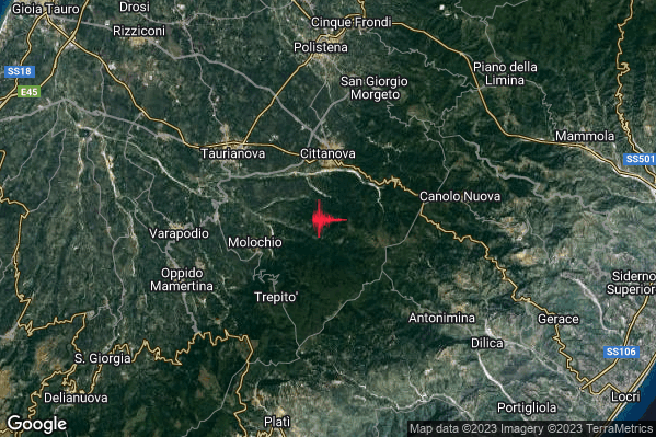 Leggero Terremoto M2.8 epicentro 4 km S Cittanova (RC) alle 22:54:12 (21:54:12 UTC)