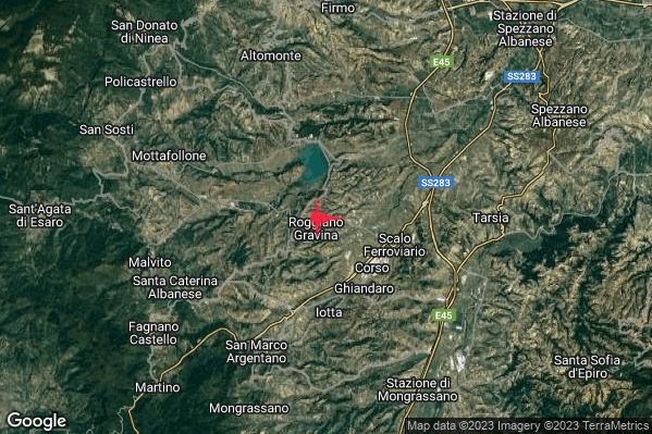 Leggero Terremoto M2.8 epicentro 1 km NE Roggiano Gravina (CS) alle 12:13:34 (11:13:34 UTC)
