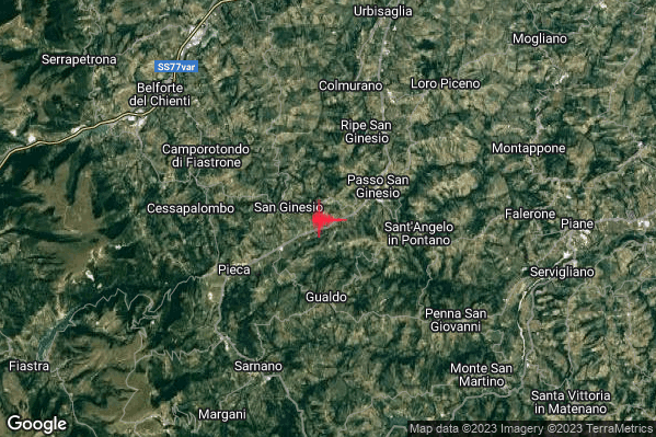 Debole Terremoto M2.5 epicentro 2 km E San Ginesio (MC) alle 07:31:30 (06:31:30 UTC)