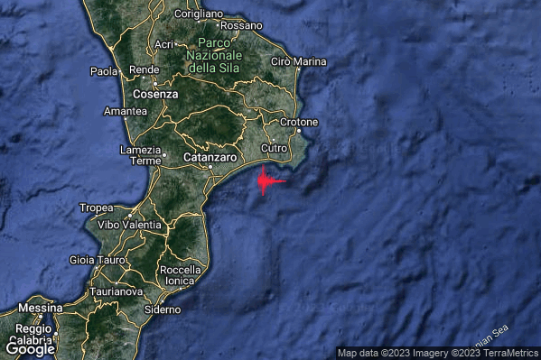 Debole Terremoto M2.6 epicentro Costa Ionica Crotonese (Crotone) alle 08:43:38 (07:43:38 UTC)