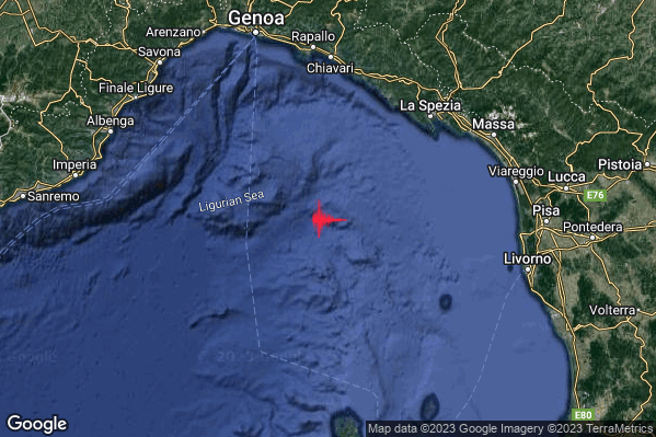 Debole Terremoto M2.3 epicentro Mar Ligure (MARE) alle 15:58:42 (14:58:42 UTC)