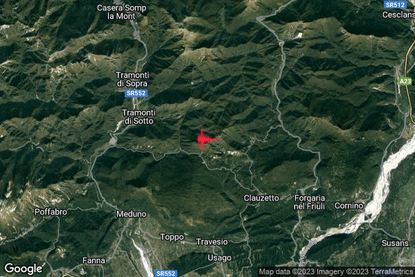 Lieve Terremoto M2.2 epicentro 5 km E Tramonti di Sotto (PN) alle 08:33:40 (07:33:40 UTC)