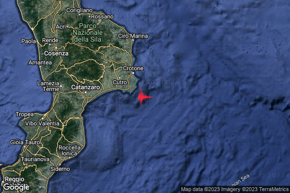 Debole Terremoto M2.7 epicentro Costa Ionica Crotonese (Crotone) alle 04:38:29 (03:38:29 UTC)