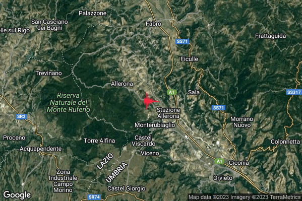 Moderato Terremoto M3.6 epicentro 4 km SE Allerona (TR) alle 21:06:13 (20:06:13 UTC)