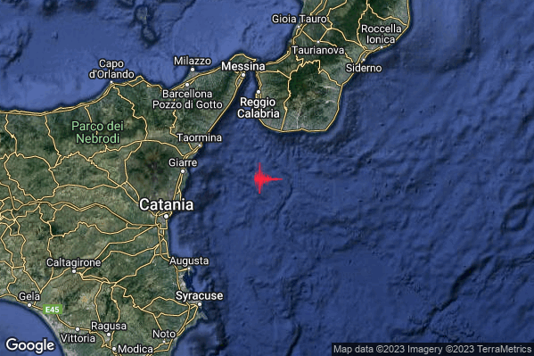 Debole Terremoto M2.4 epicentro Mar Ionio Meridionale (MARE) alle 23:51:39 (22:51:39 UTC)