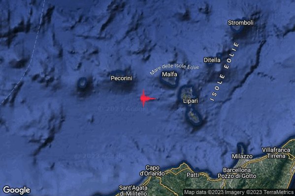 Debole Terremoto M2.5 epicentro Isole Eolie (Messina) alle 00:33:58 (23:33:58 UTC)