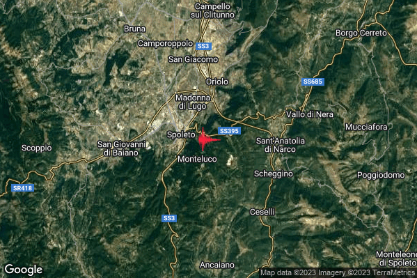Debole Terremoto M2.5 epicentro 2 km E Spoleto (PG) alle 01:45:17 (00:45:17 UTC)