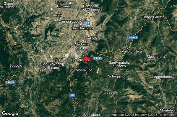Debole Terremoto M2.6 epicentro 2 km E Spoleto (PG) alle 02:06:39 (01:06:39 UTC)
