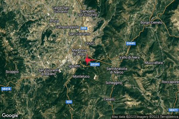 Leggero Terremoto M2.9 epicentro 3 km NE Spoleto (PG) alle 02:26:13 (01:26:13 UTC)