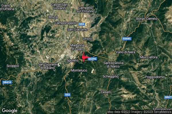 Leggero Terremoto M3.0 epicentro 3 km E Spoleto (PG) alle 03:23:28 (02:23:28 UTC)