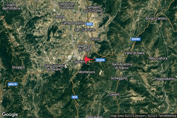 Debole Terremoto M2.5 epicentro 2 km NE Spoleto (PG) alle 04:10:48 (03:10:48 UTC)