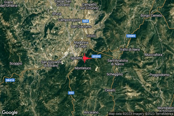 Debole Terremoto M2.3 epicentro 2 km E Spoleto (PG) alle 04:14:21 (03:14:21 UTC)