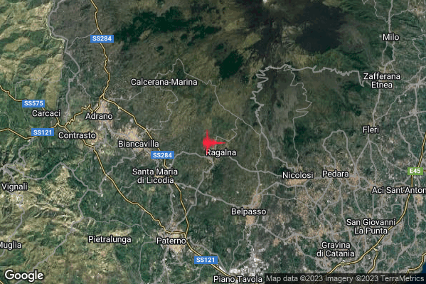 Debole Terremoto M2.7 epicentro 1 km N Ragalna (CT) alle 10:13:32 (09:13:32 UTC)