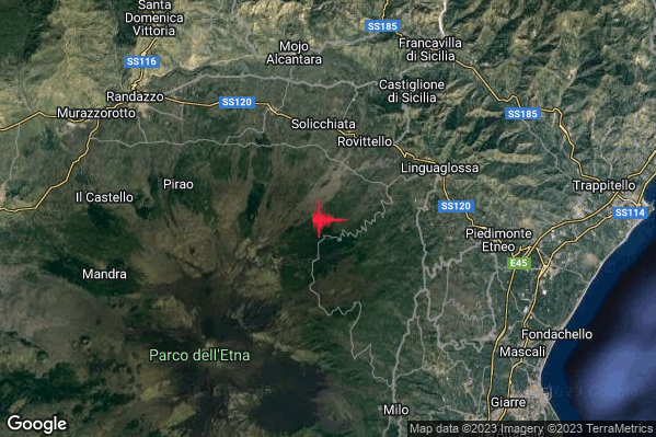 Leggero Terremoto M2.9 epicentro 7 km W Linguaglossa (CT) alle 12:03:08 (11:03:08 UTC)