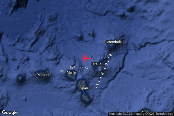 Debole Terremoto M2.3 epicentro Isole Eolie (Messina) alle 08:56:49 (07:56:49 UTC)