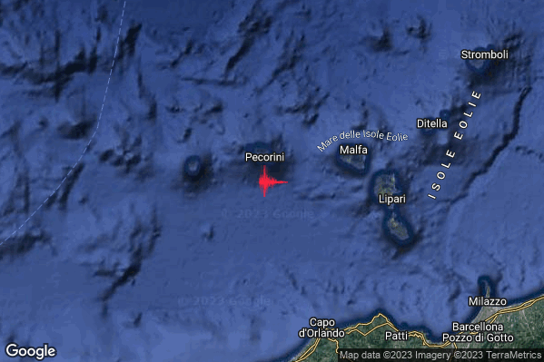 Debole Terremoto M2.6 epicentro Isole Eolie (Messina) alle 07:48:13 (06:48:13 UTC)
