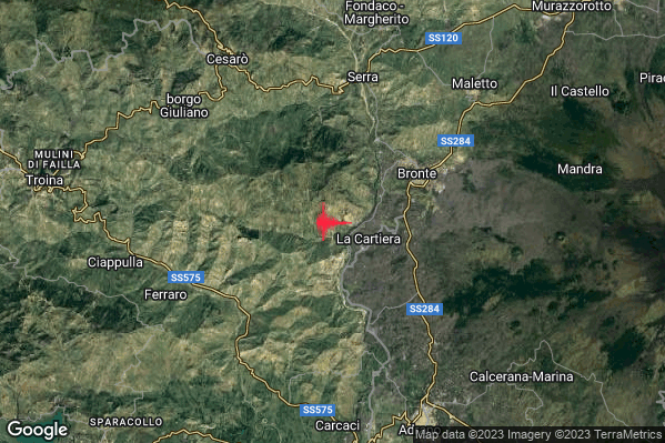 Debole Terremoto M2.3 epicentro 6 km SW Bronte (CT) alle 11:50:28 (10:50:28 UTC)