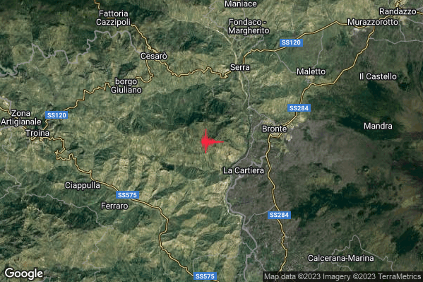 Debole Terremoto M2.5 epicentro 6 km W Bronte (CT) alle 12:35:30 (11:35:30 UTC)